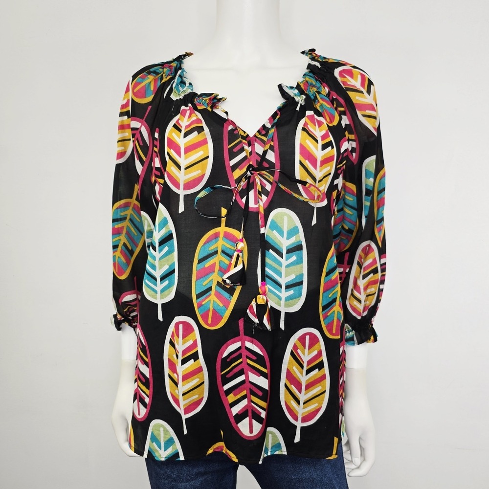 Nimo Peasant Top Leaf Printed Neck Tie 3/4 Sleeve Lightweight Colorful Size L